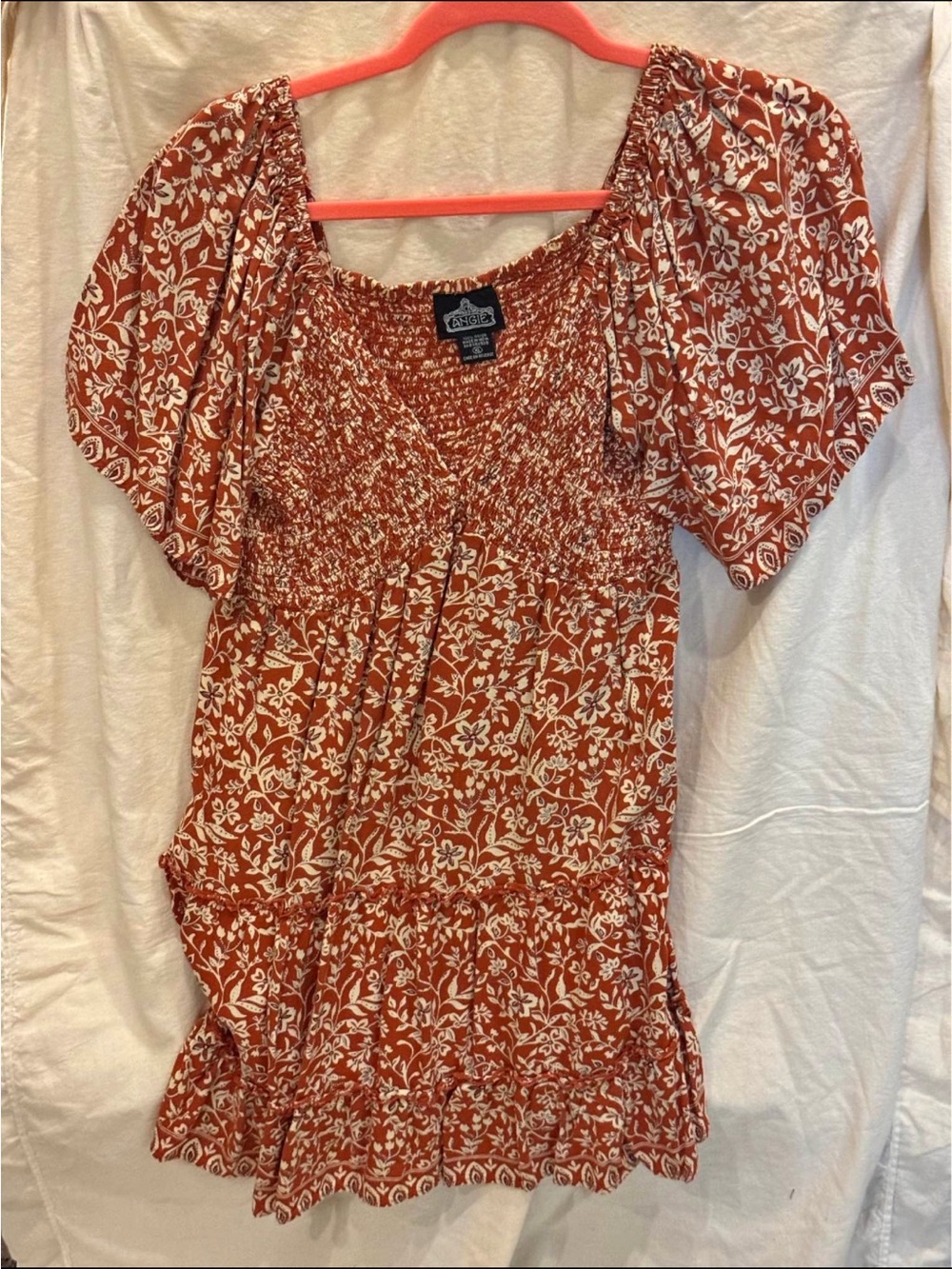 Angie burnt orange and cream floral cottagecore babydoll mini dress